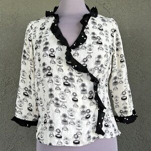 100% Silk Vintage Blouse by Doncaster - Black & White US Women’s Size 4